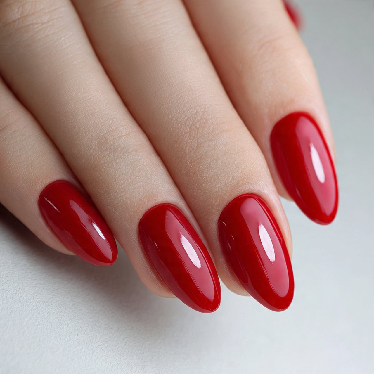classic glossy red nails with a modern finish nail