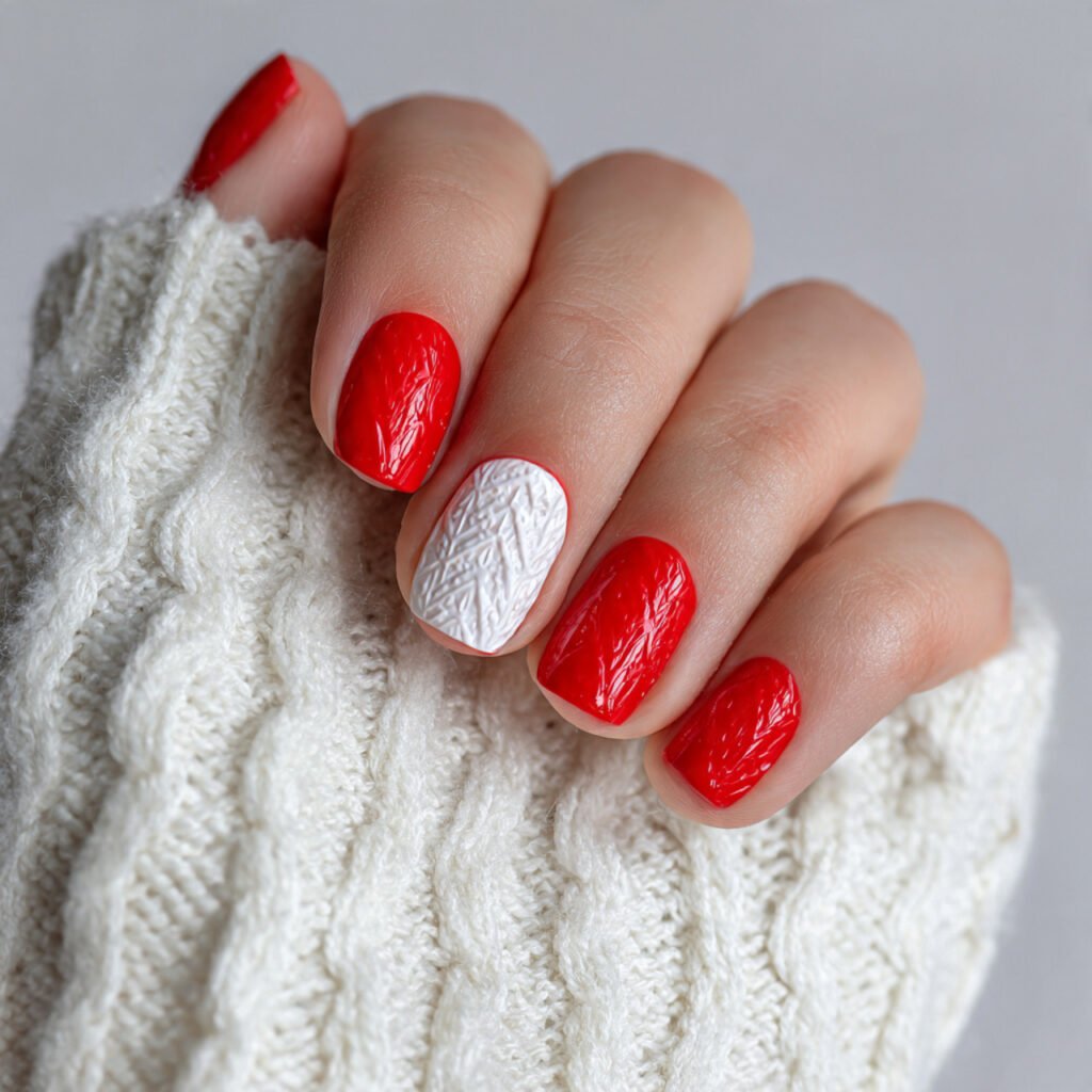 classic red nails with white sweater texture accen