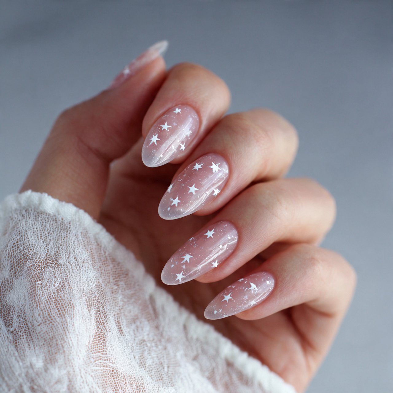 clear base nails with tiny white stars nails