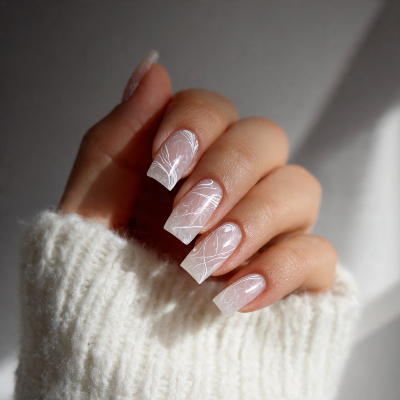clear base with minimalist white swirls nails