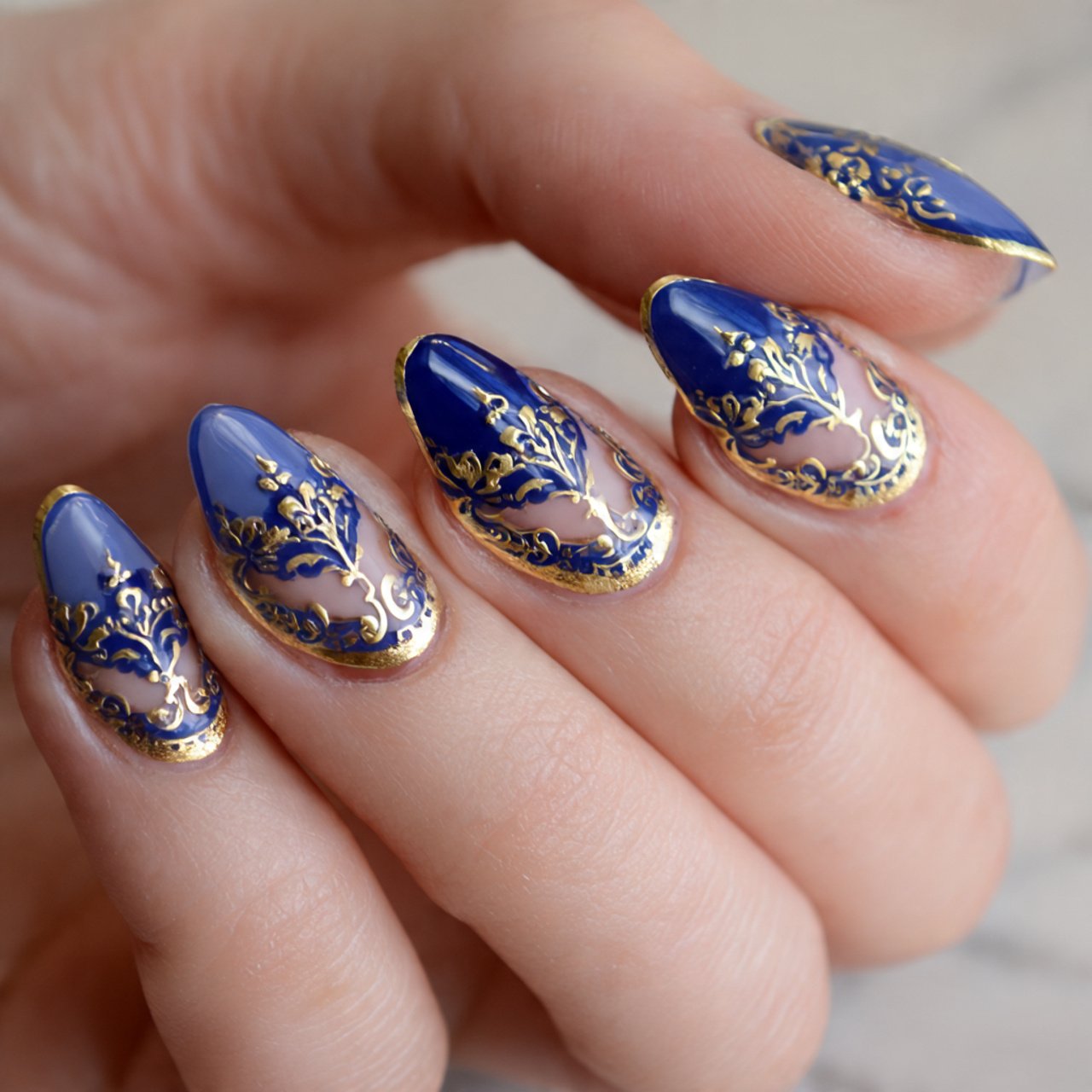 cobalt and gold negative space nails