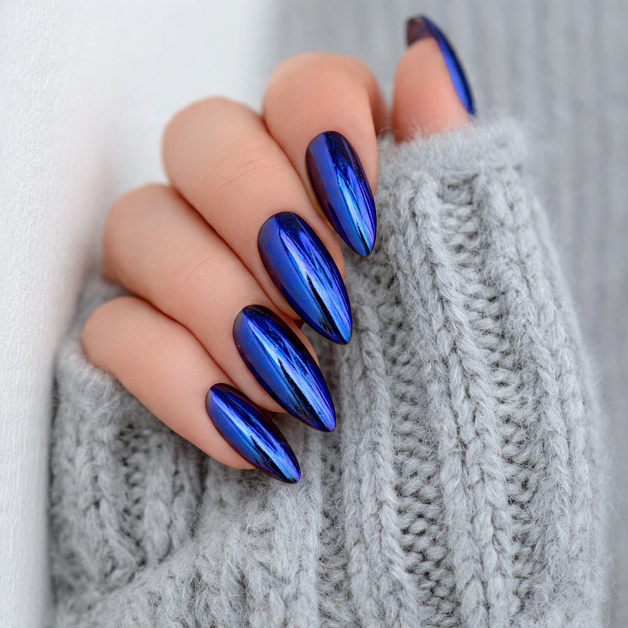 cobalt blue chrome almond nails