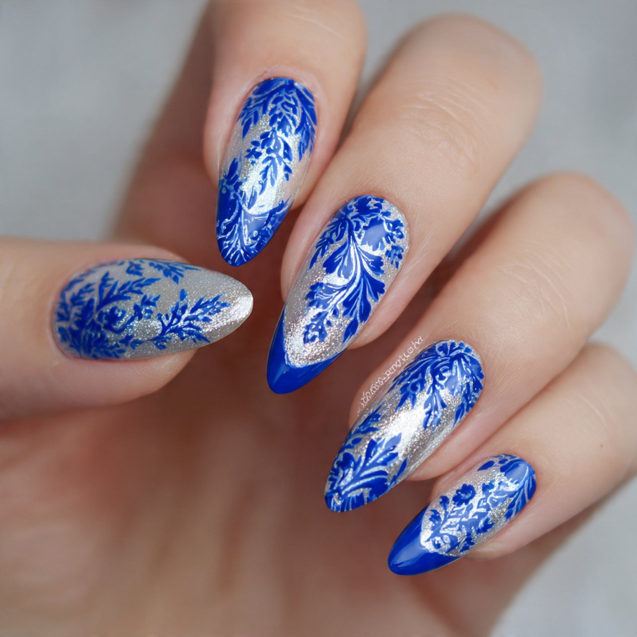 cobalt negative space holiday nails