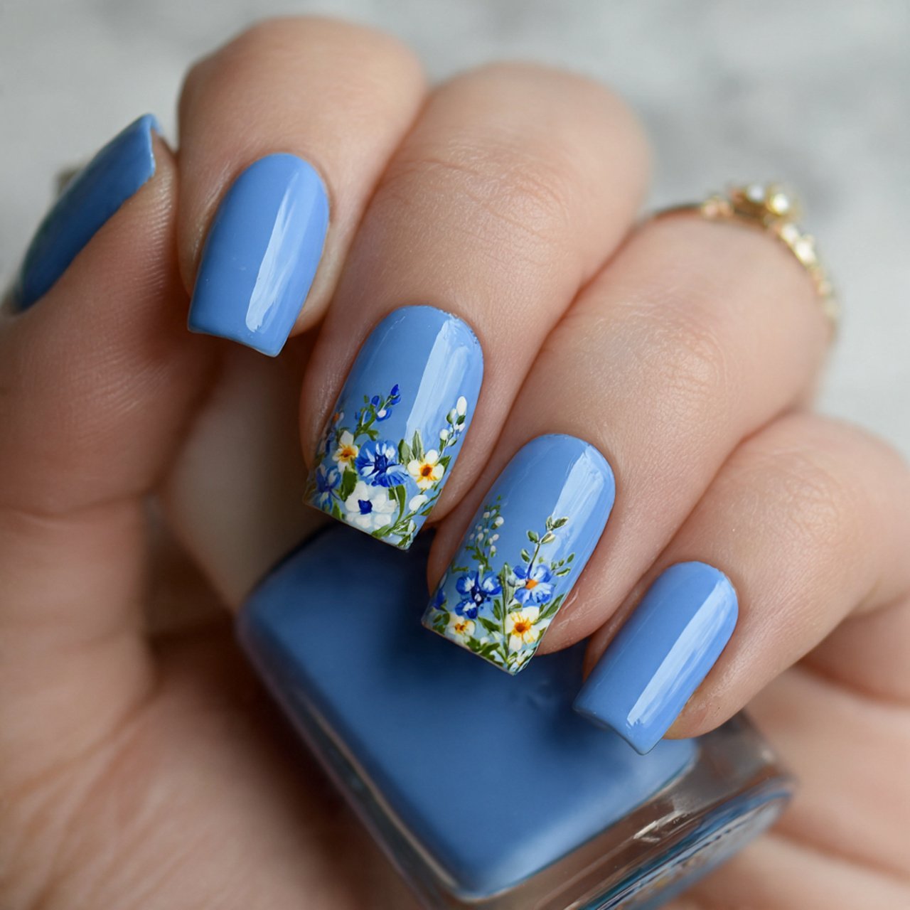 cornflower blue floral accent nails 1