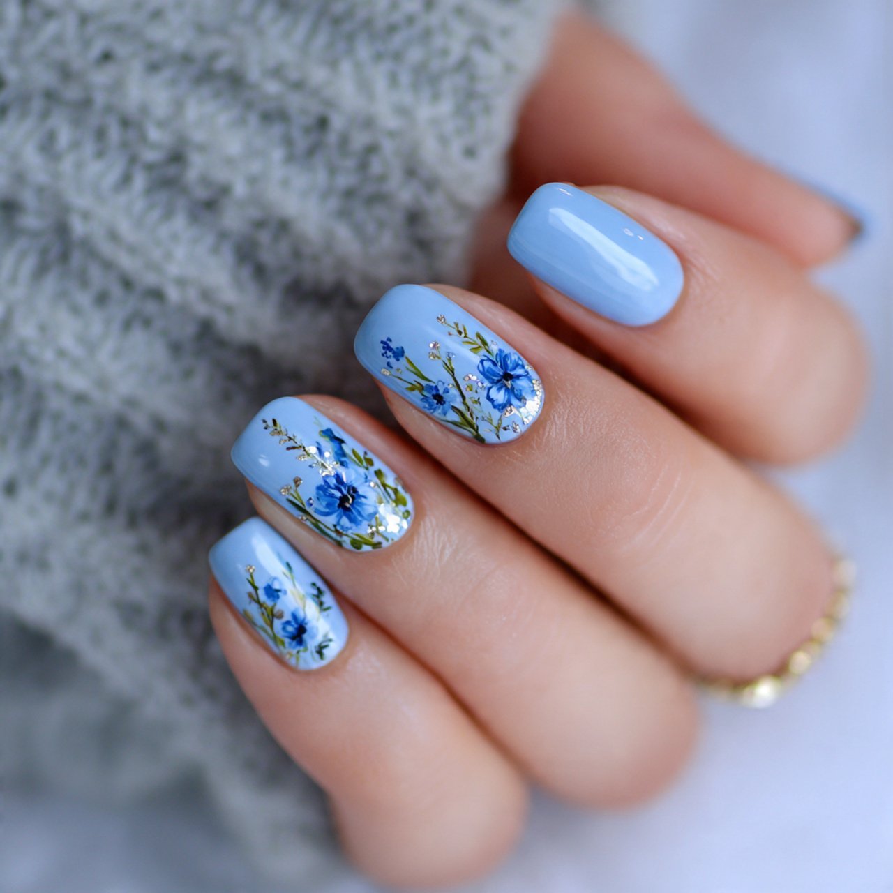 cornflower blue floral accent nails