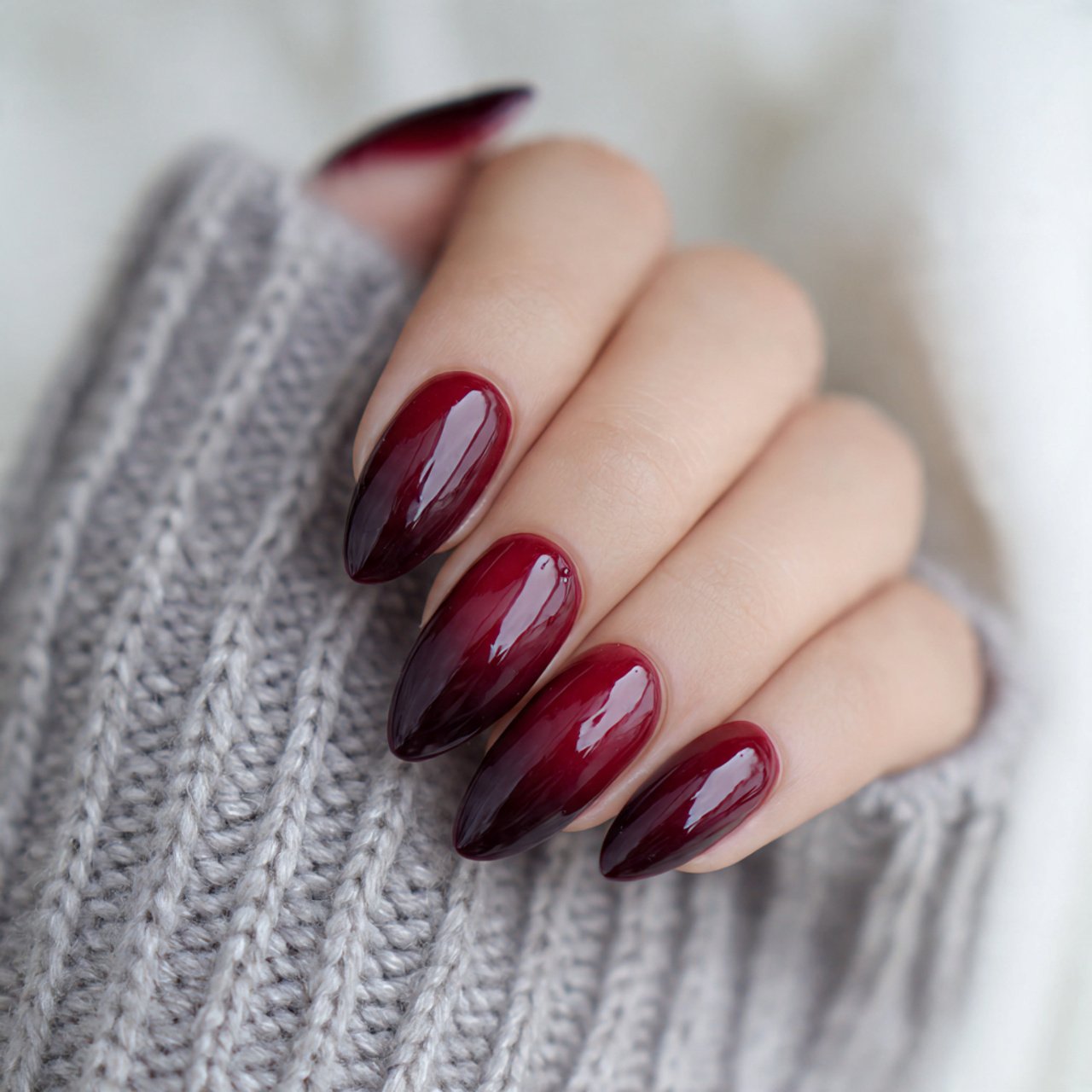 deep burgundy ombre almond nails