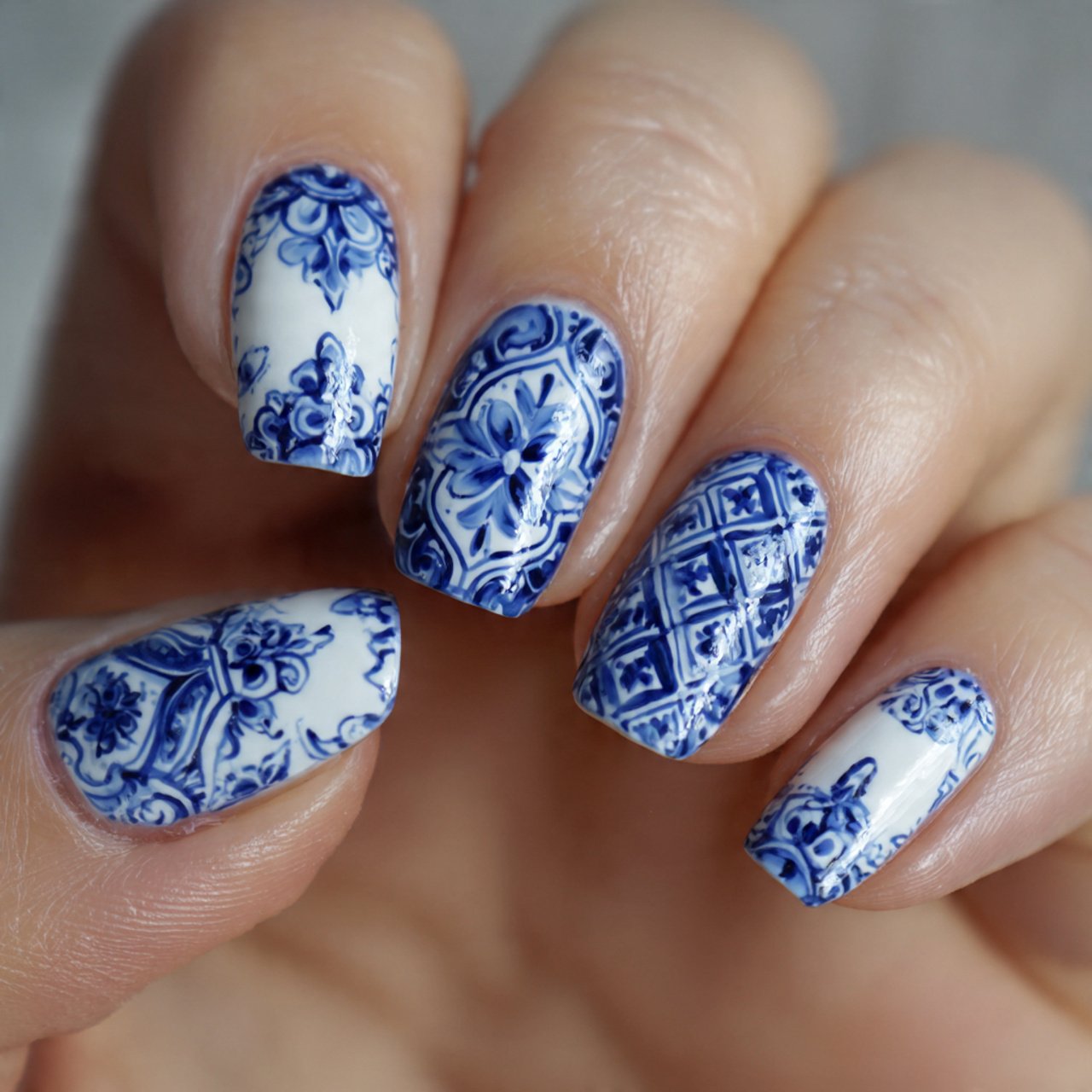 Blue and White Nails: 15 Elegant, Wearable Designs That Still Feel Fresh 8 delft tile accent nails