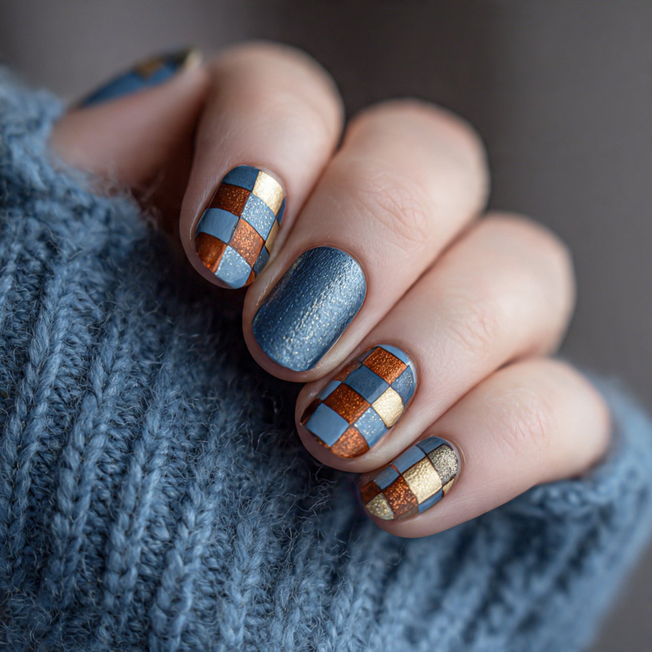 denim blue and cocoa checkerboard nails