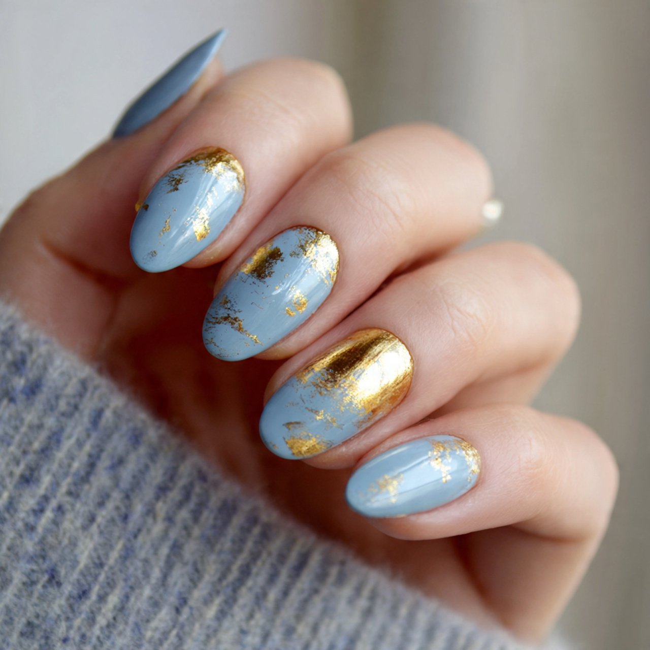 dusty blue nails with brushed gold foil nails