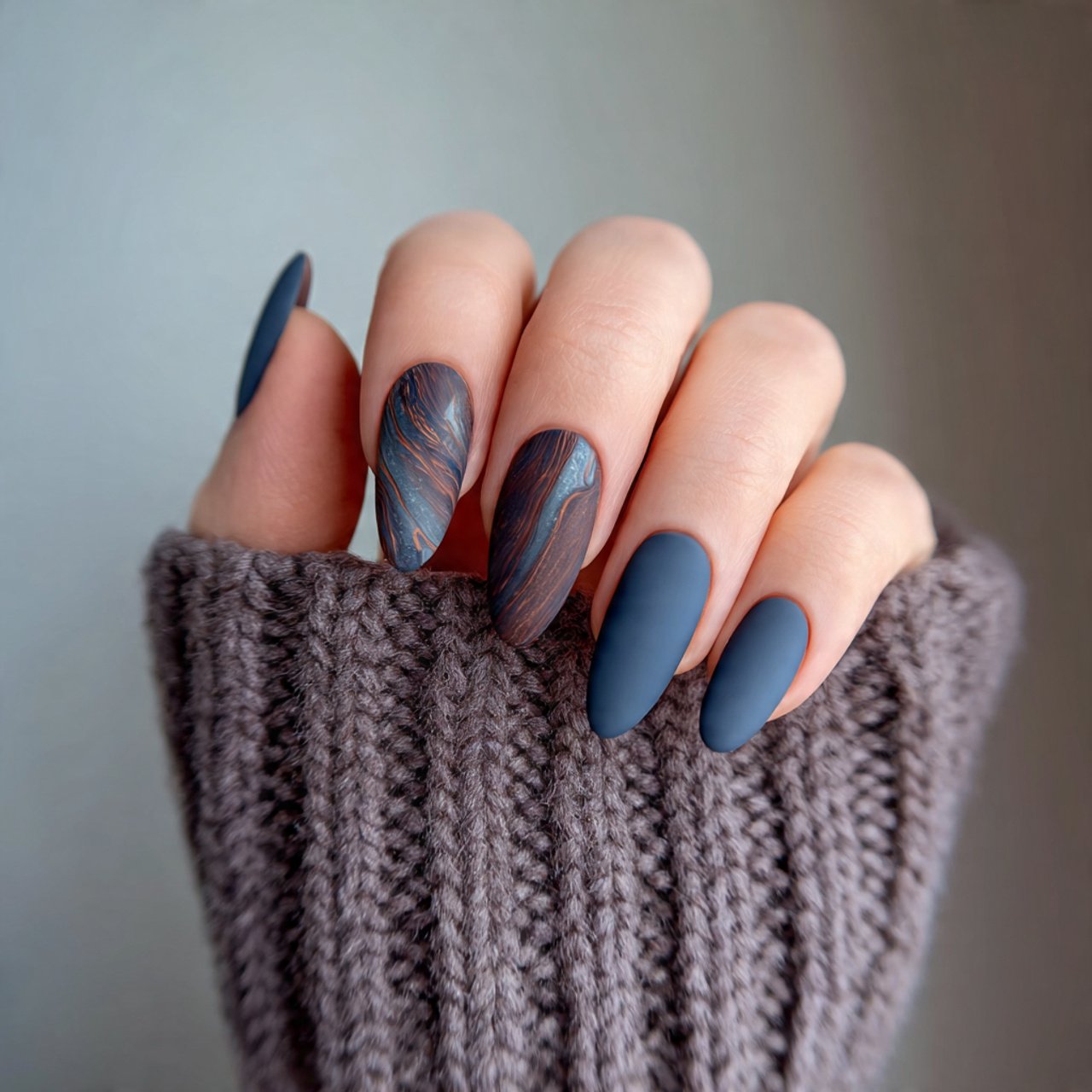 espresso and slate blue matte nails
