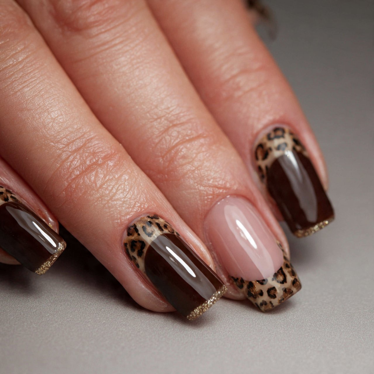 espresso french with leopard underside accent nail