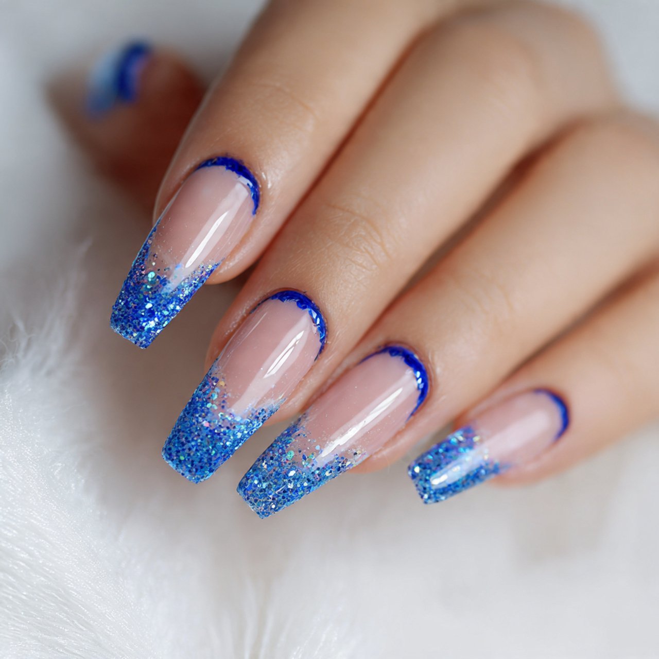 Blue French Tip Nails: 15 Salon-Worthy Ideas That Look Modern, Clean, and Wearable 15 french fade with blue glitter edge nails