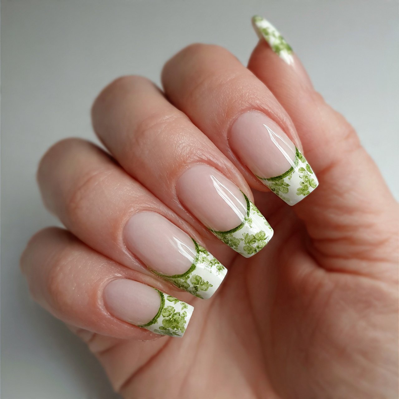 french tips with green flower outlines nails