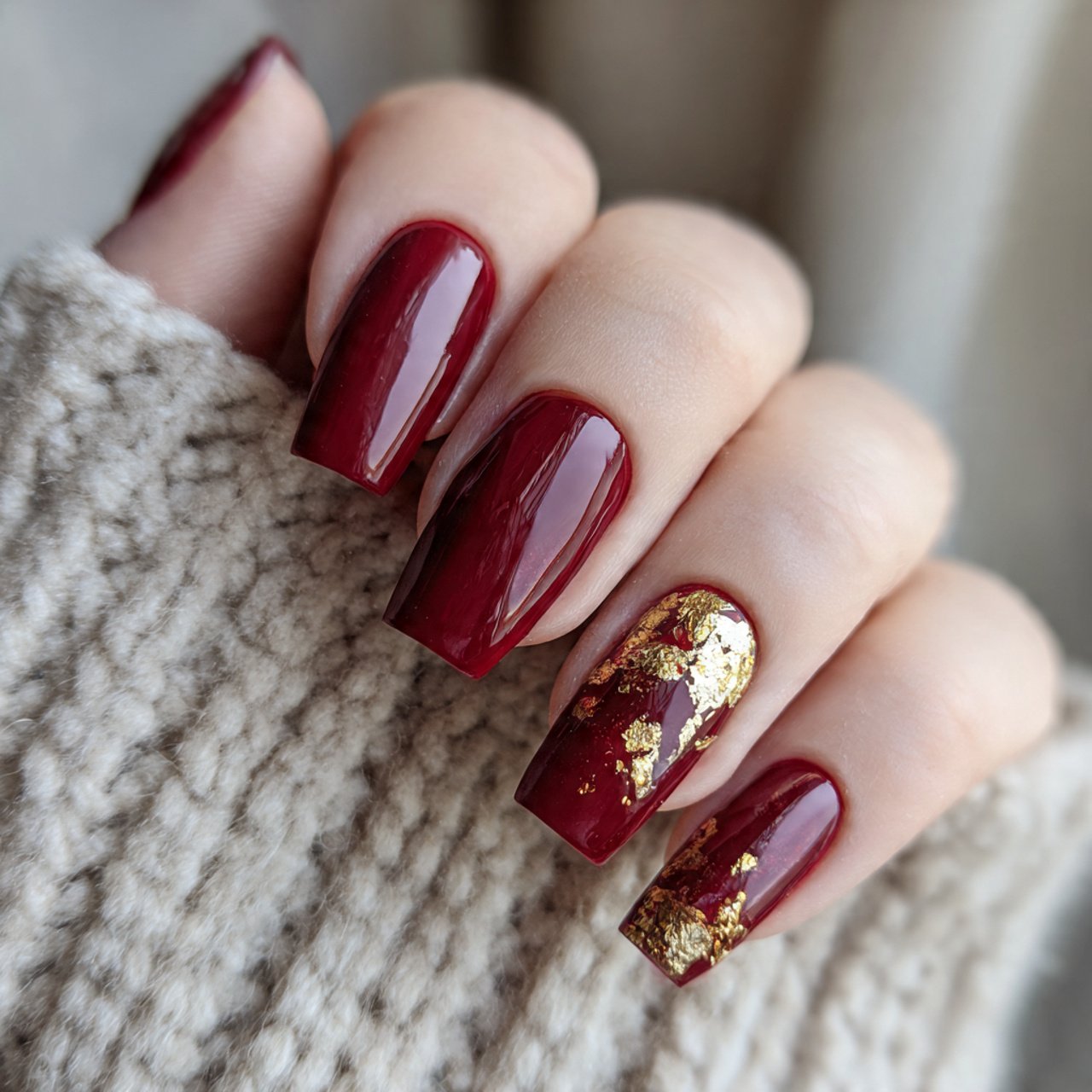 glossy deep red nails with one gold foil accent na