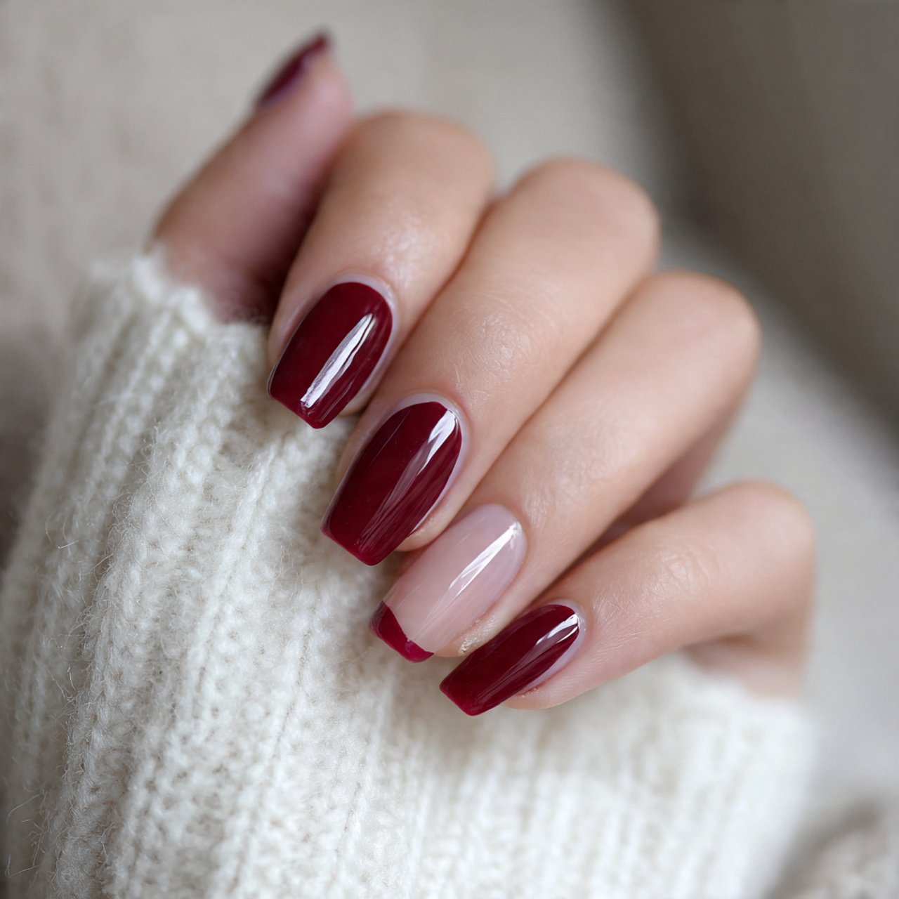glossy maroon micro french tips nails