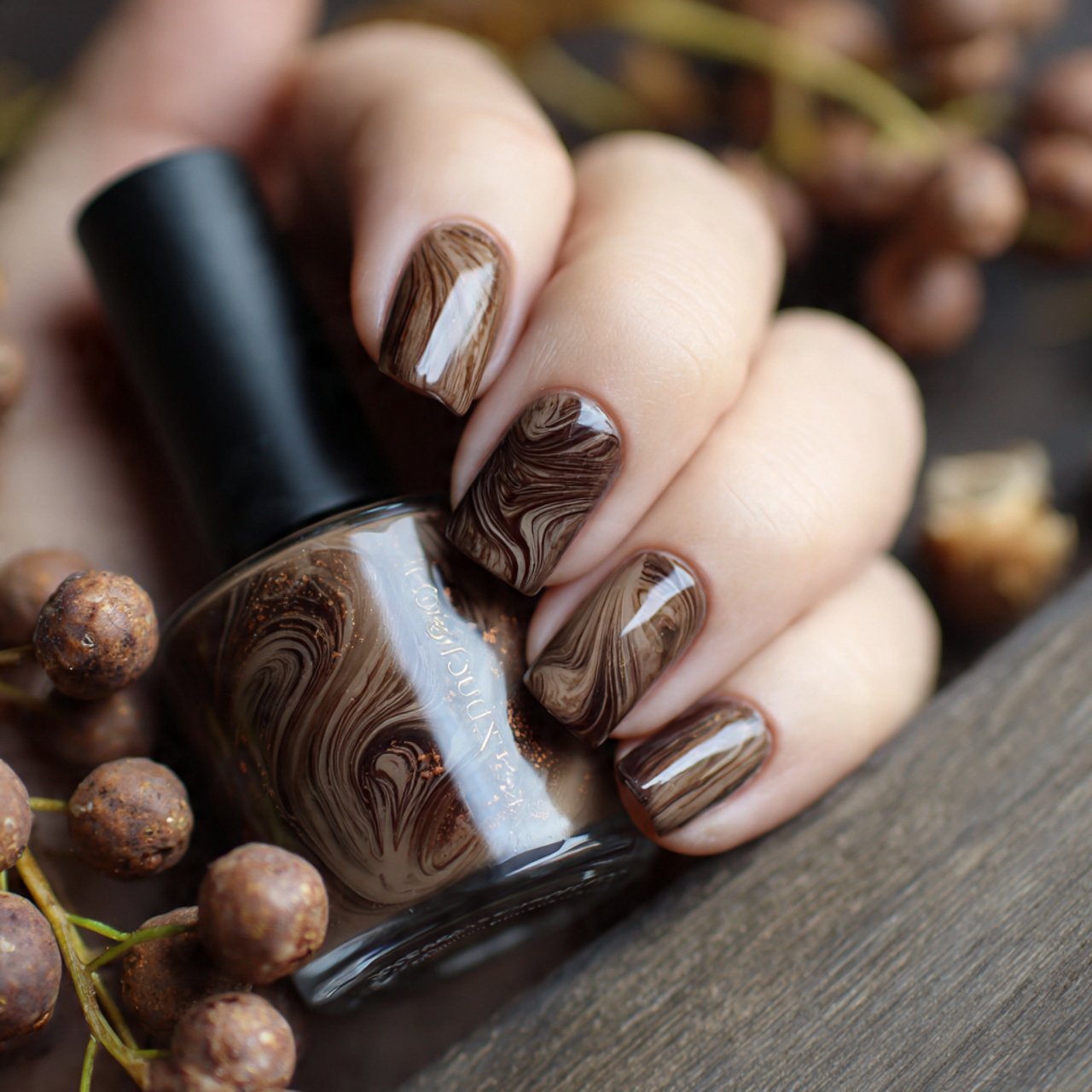 glossy mocha swirl nails
