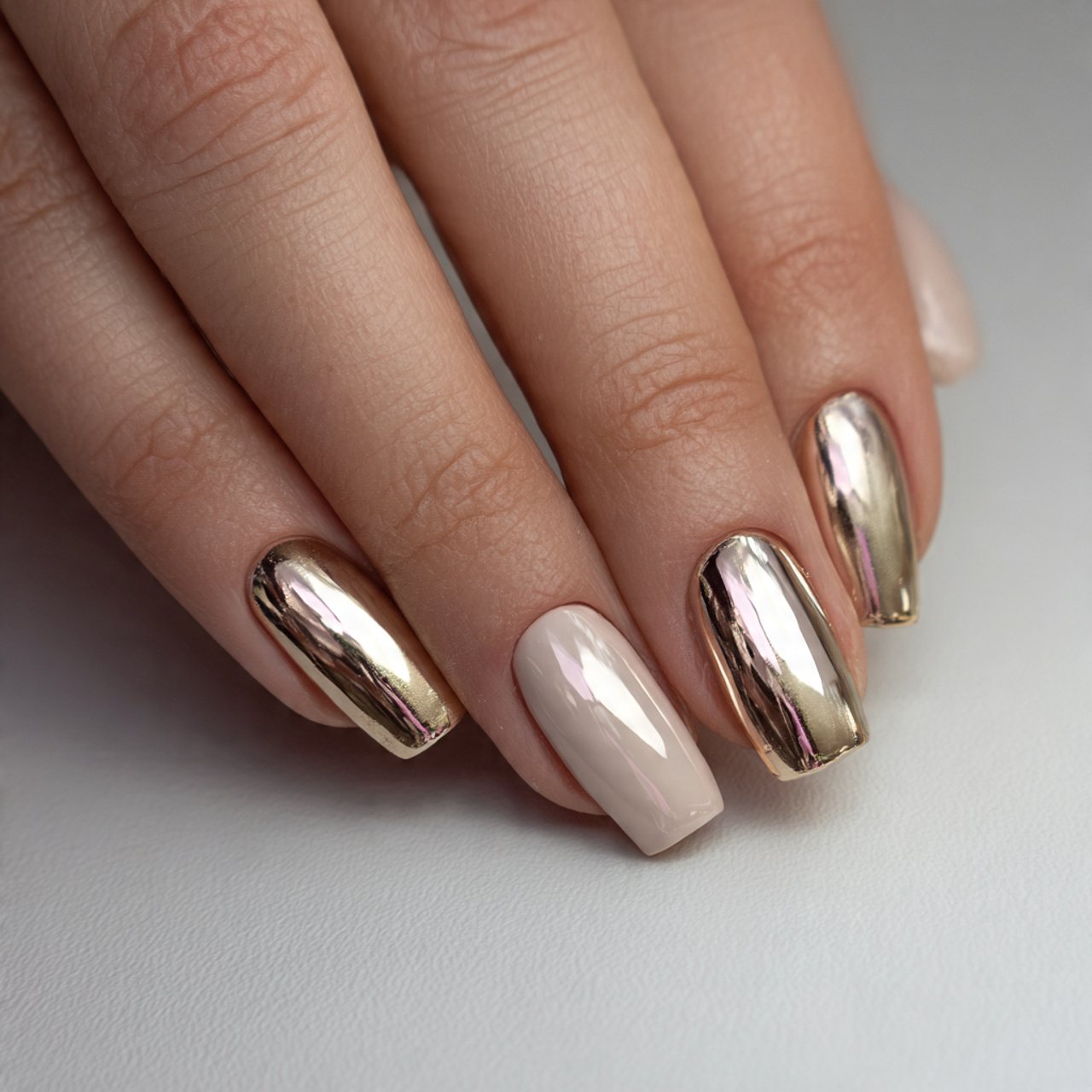 gold chrome accent nails with a soft beige base na