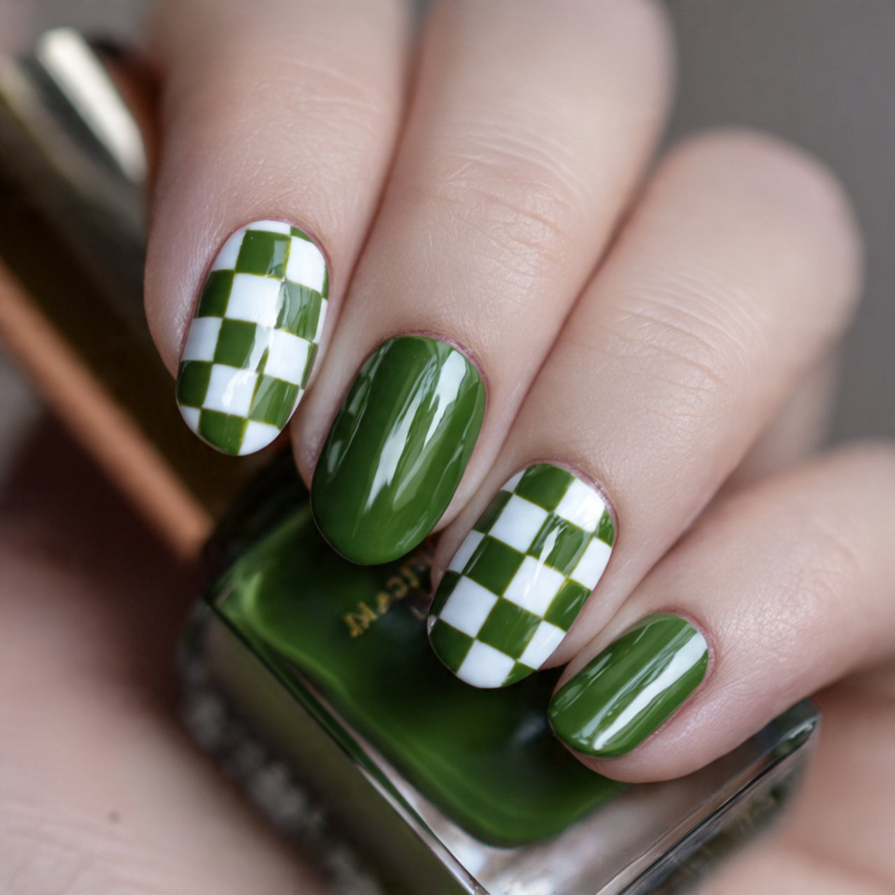 green and white checker detail nails