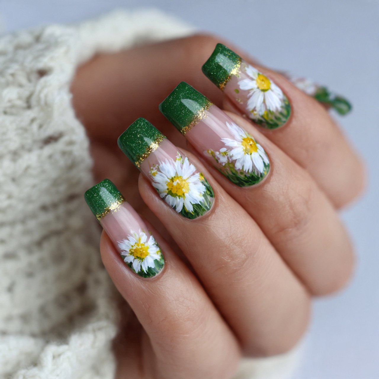 green french tips with daisy art nails