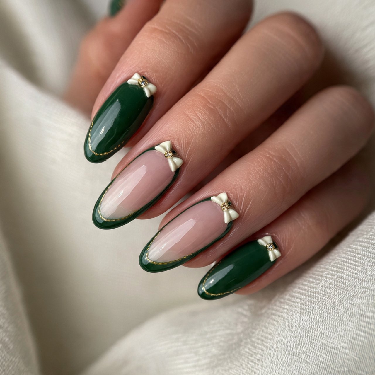 green french tips with tiny bow details nails