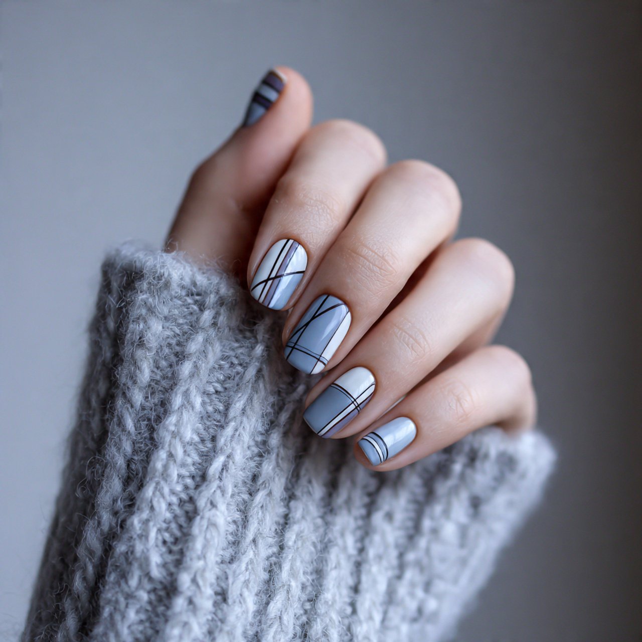 grey blue minimalist line art nails