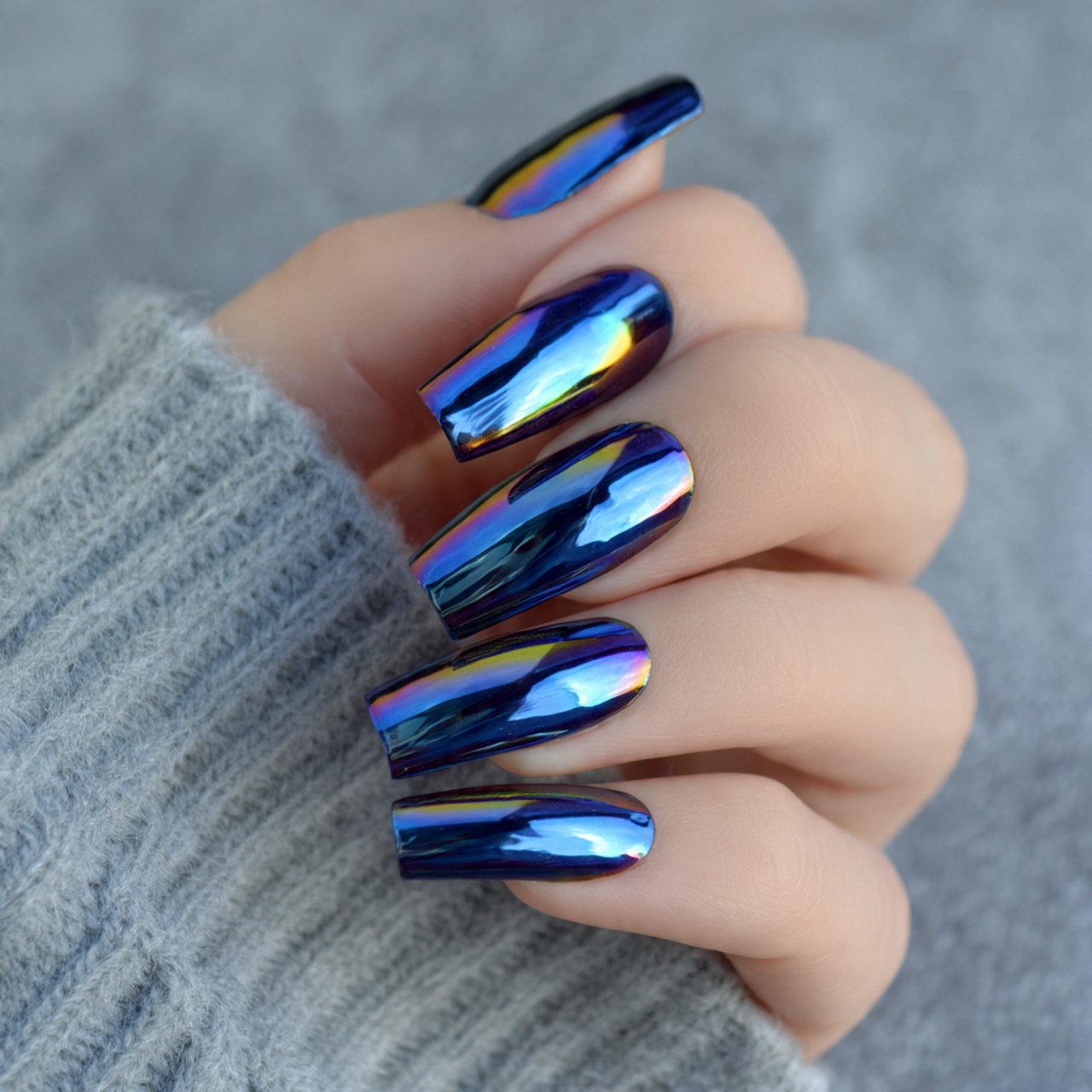gunmetal blue chrome nails