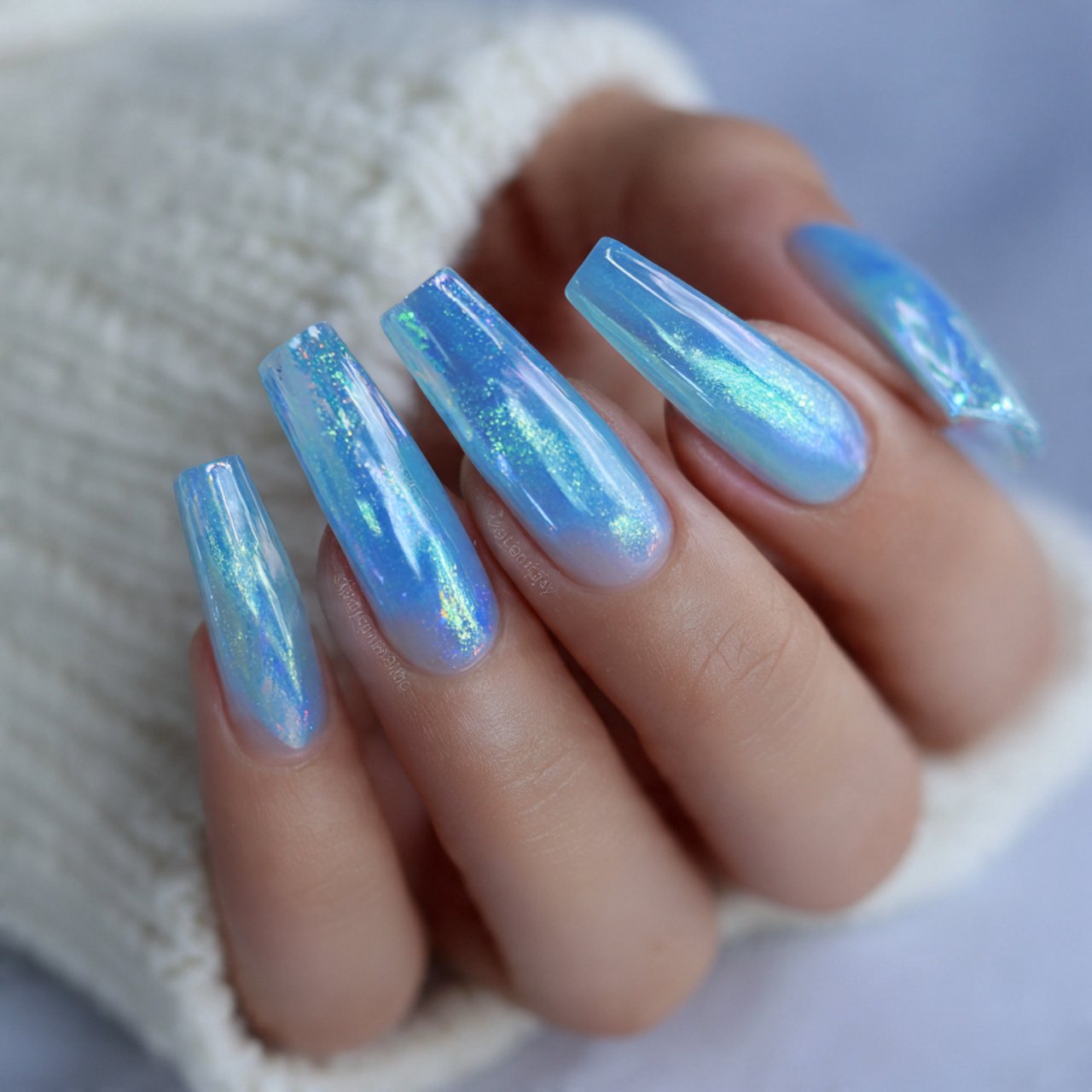 icy blue aura nails with a sheer base nails