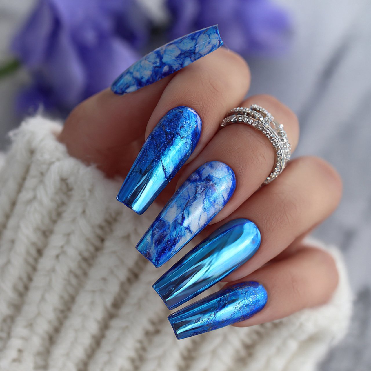 icy blue chrome acrylic nails