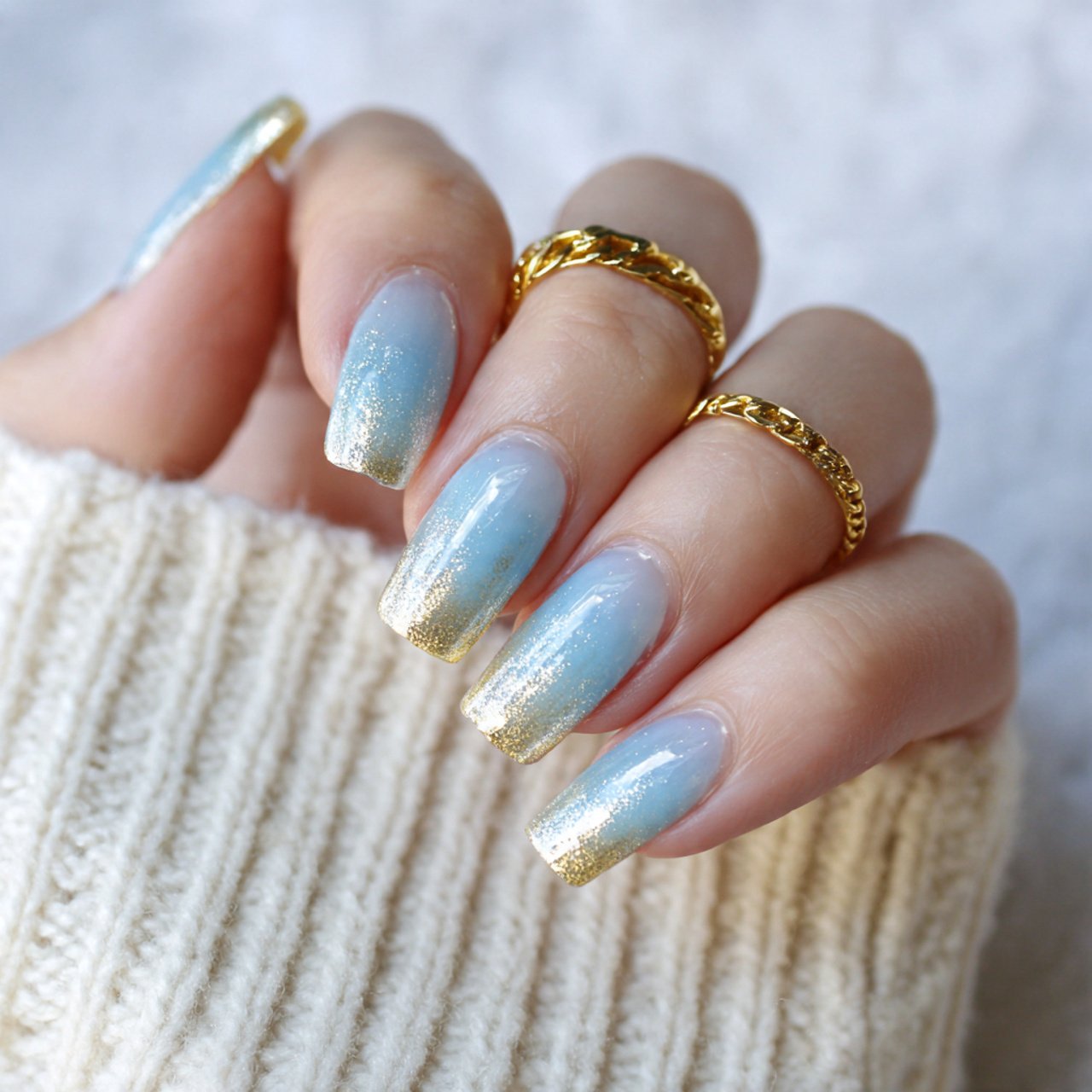 icy blue ombr nails with a gold shimmer fade nails