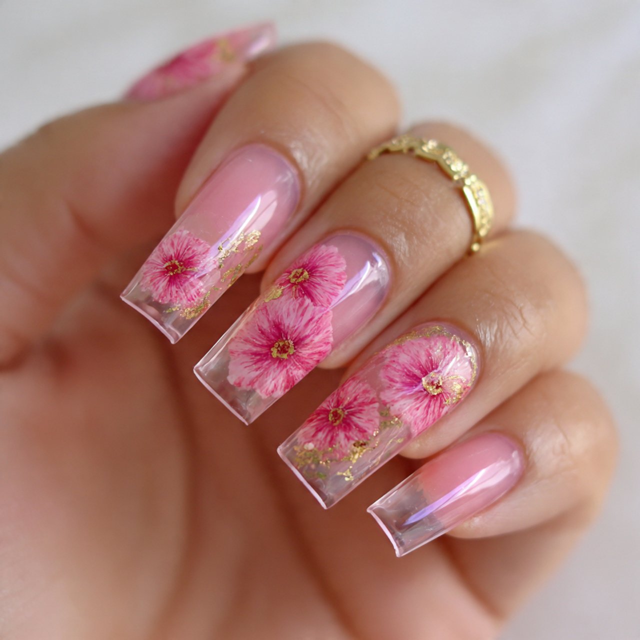 jelly pink floral nails
