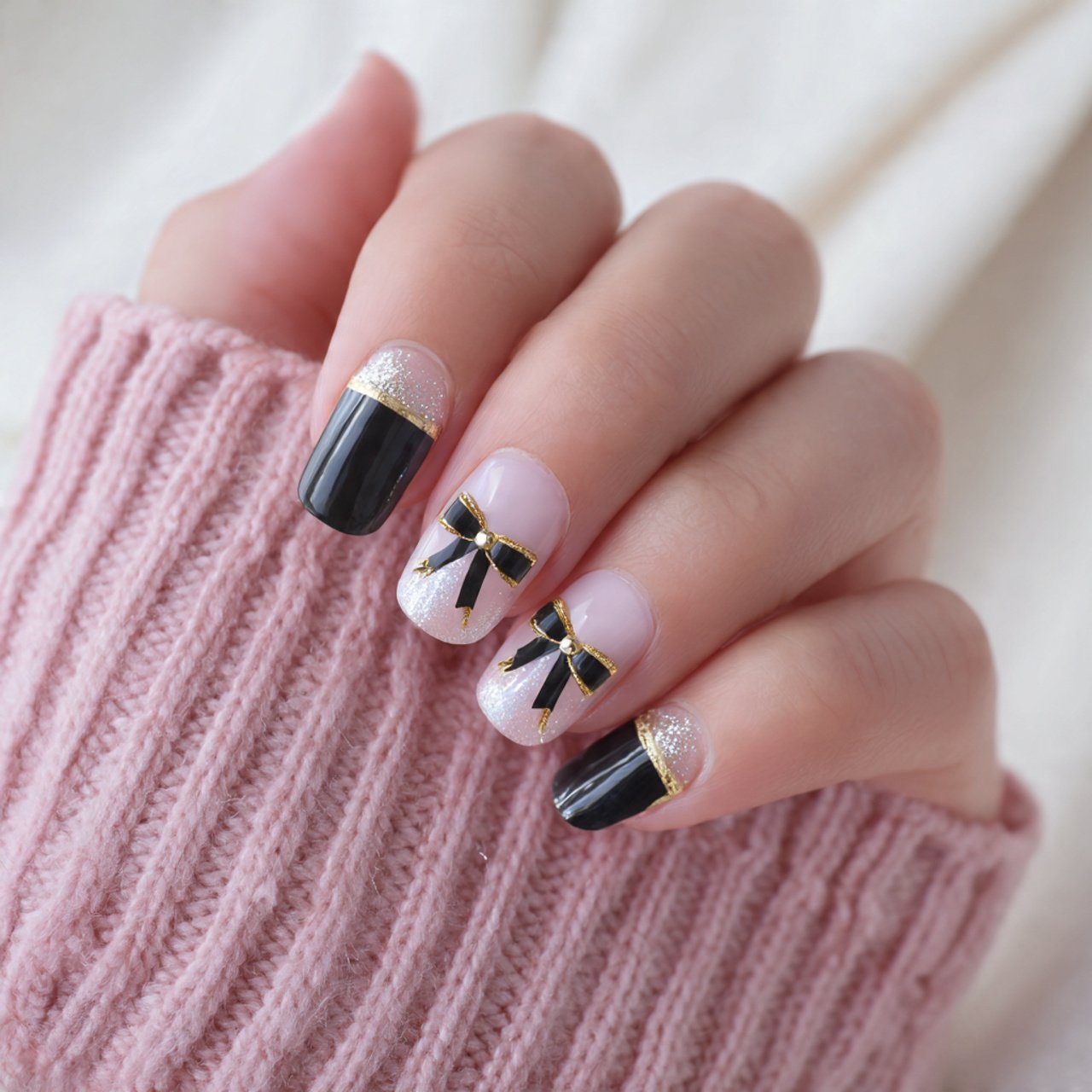 korean ribbon accent nails