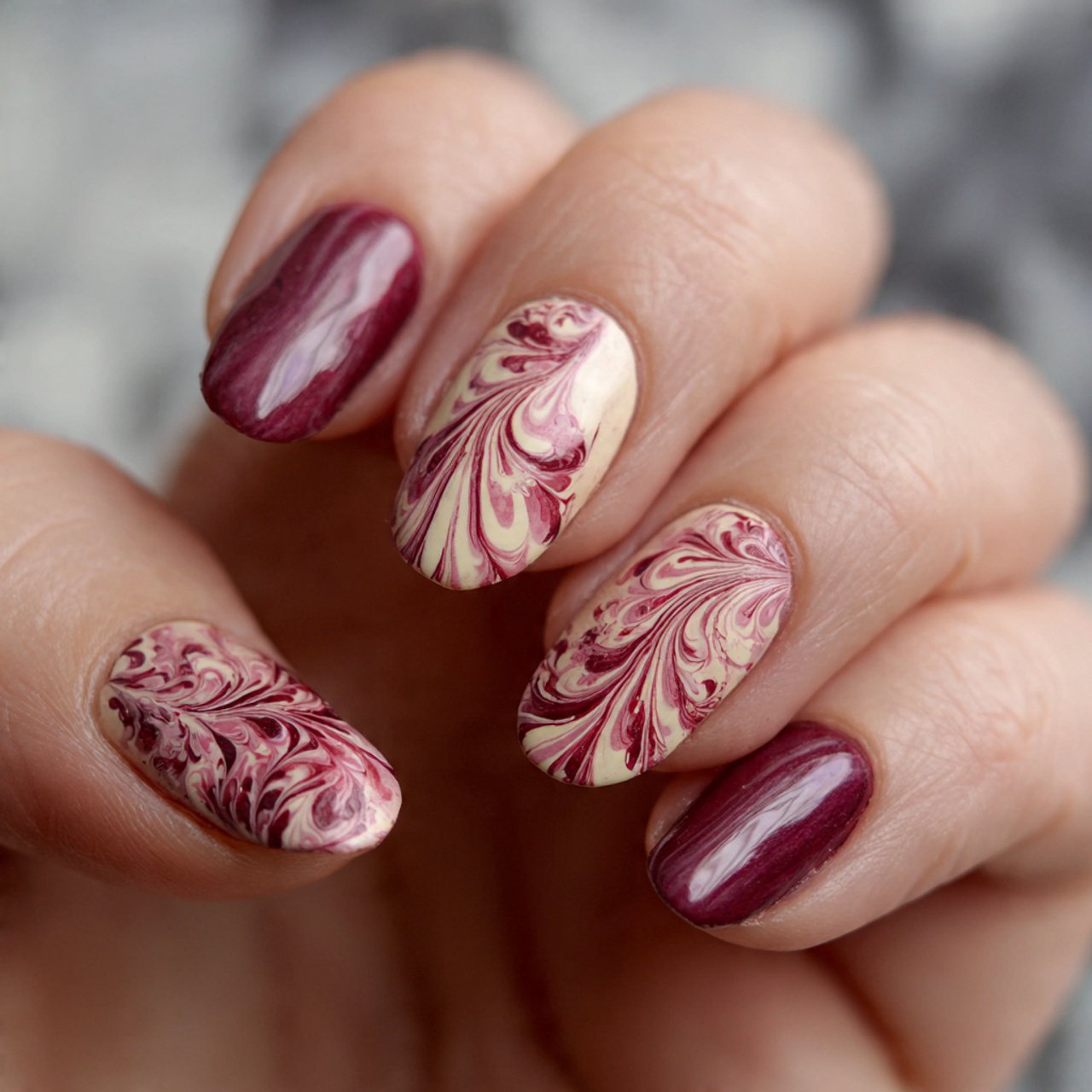 maroon and blush swirl nails