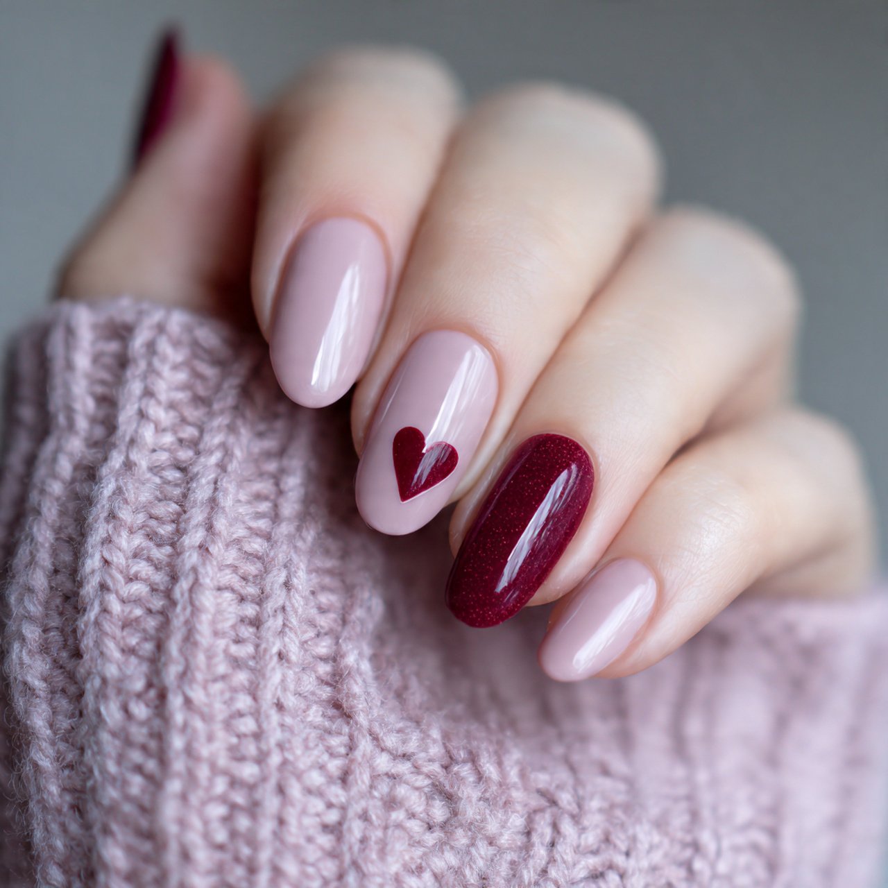 maroon heart accent nails on a milky pink base nai