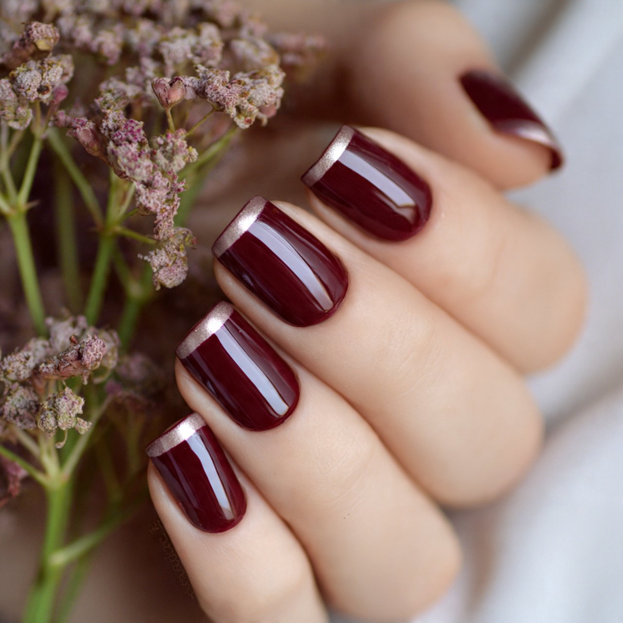 maroon side french nails
