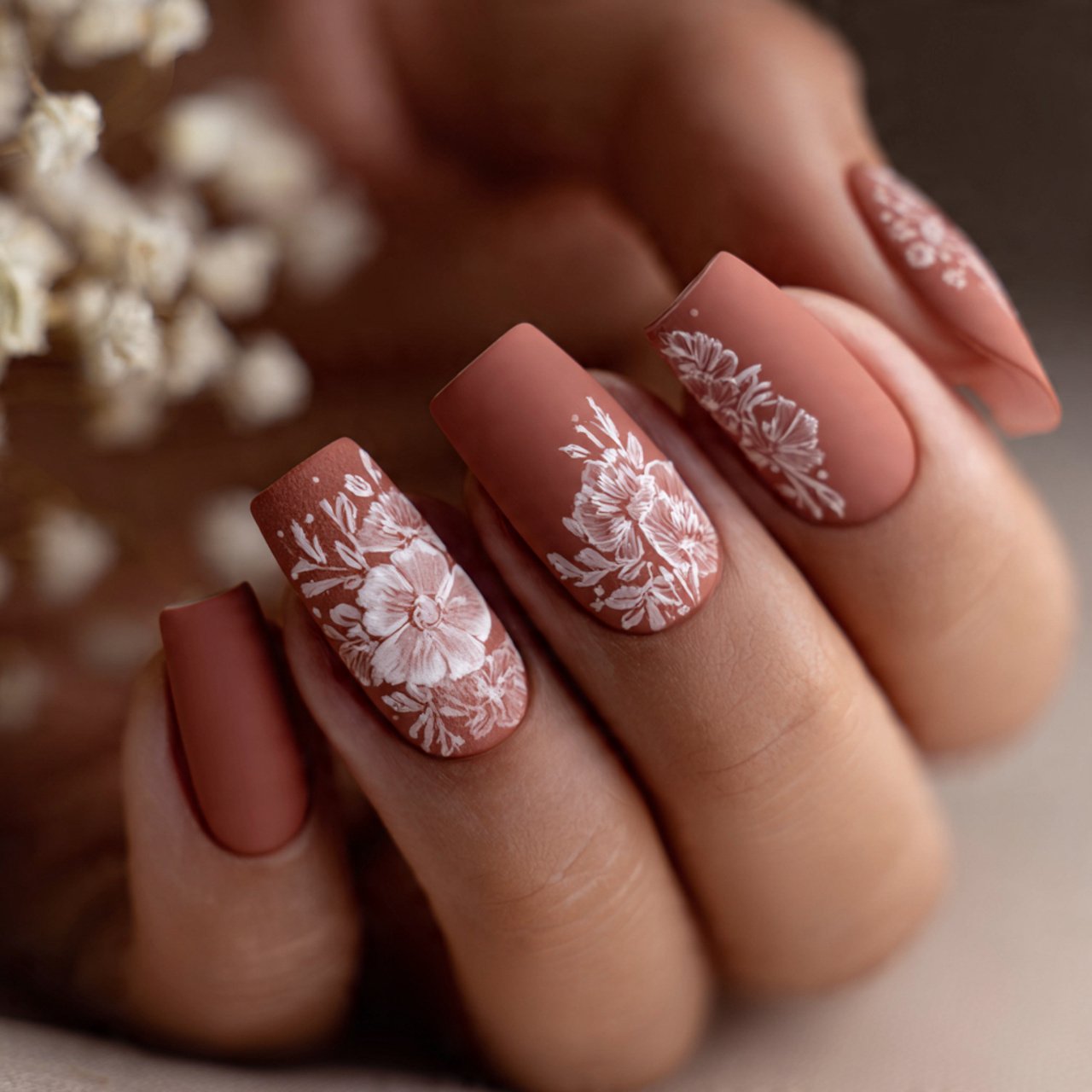 matte nails with white floral line art nails