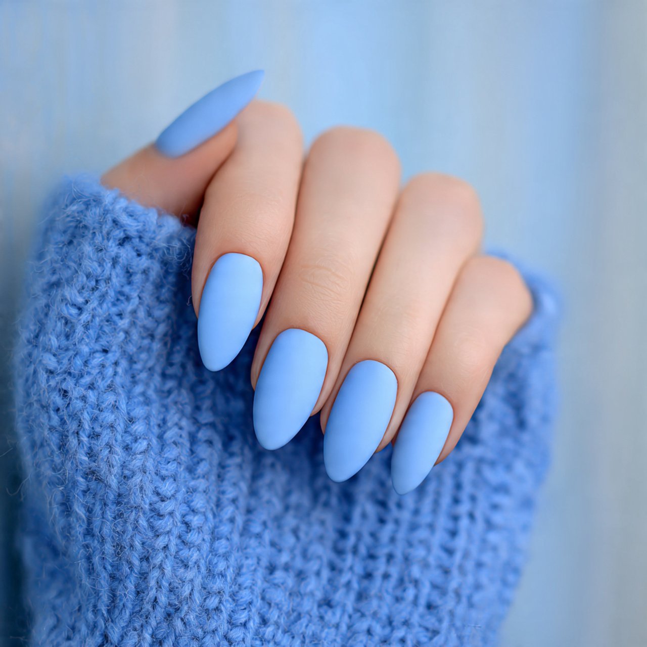 matte sky blue almond nails