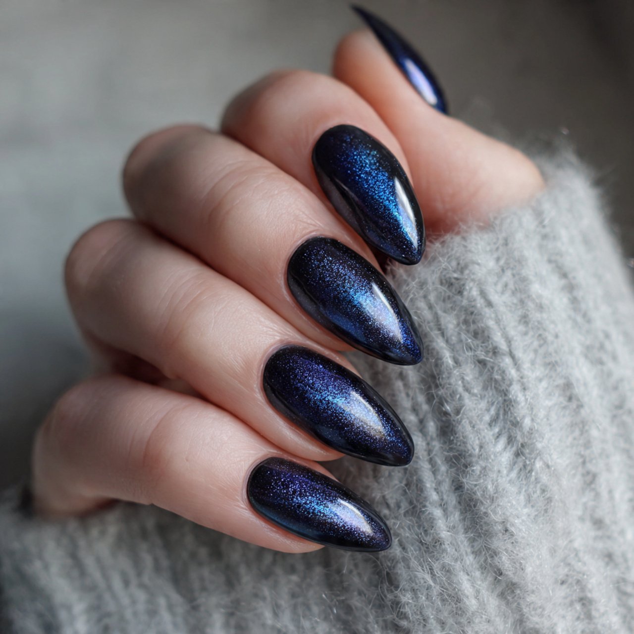 midnight blue aura nails with cat eye finish nails
