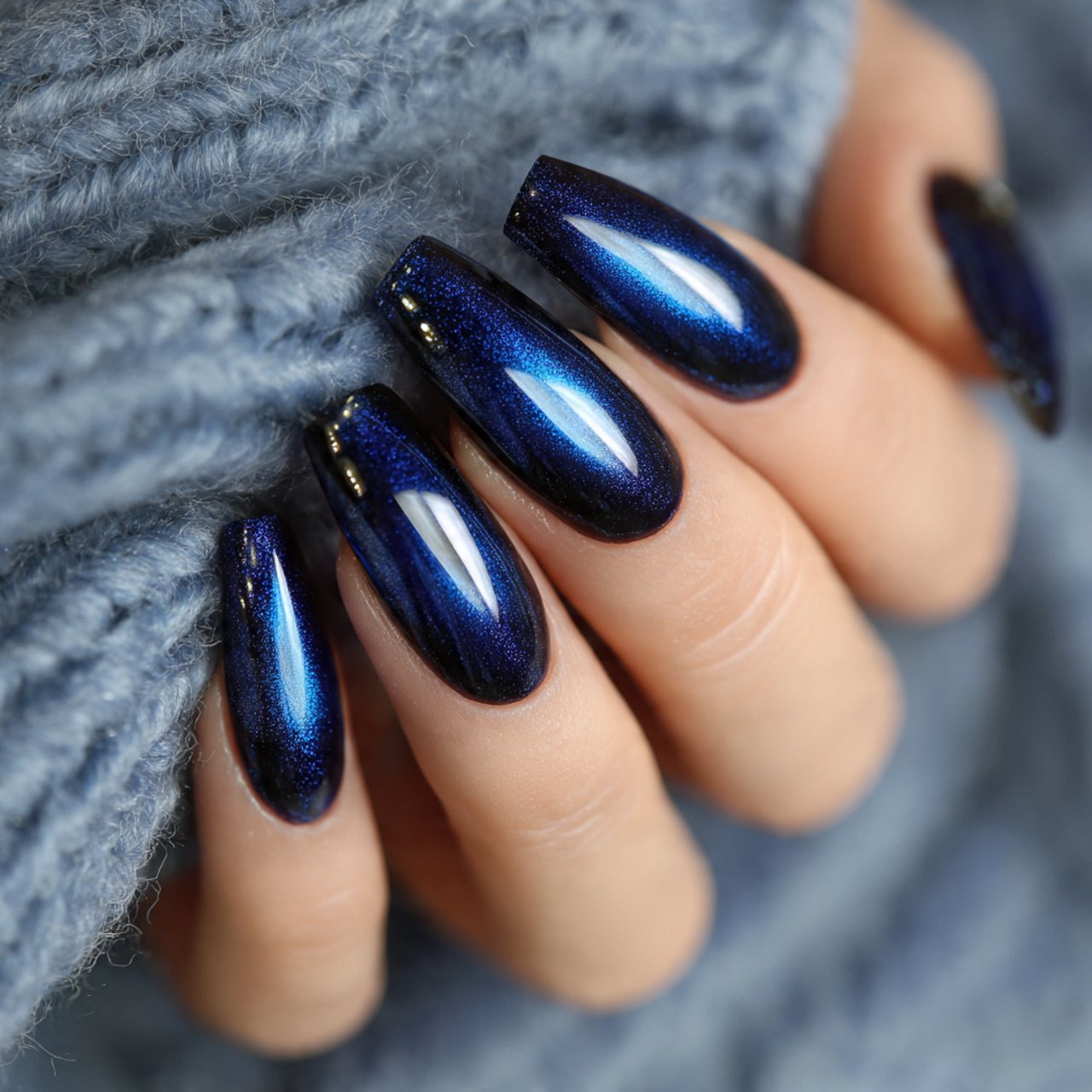 Blue Cat Eye Nails: 15 Reflective, Modern Designs That Look Salon-Luxury 6 midnight blue cat eye coffin nails