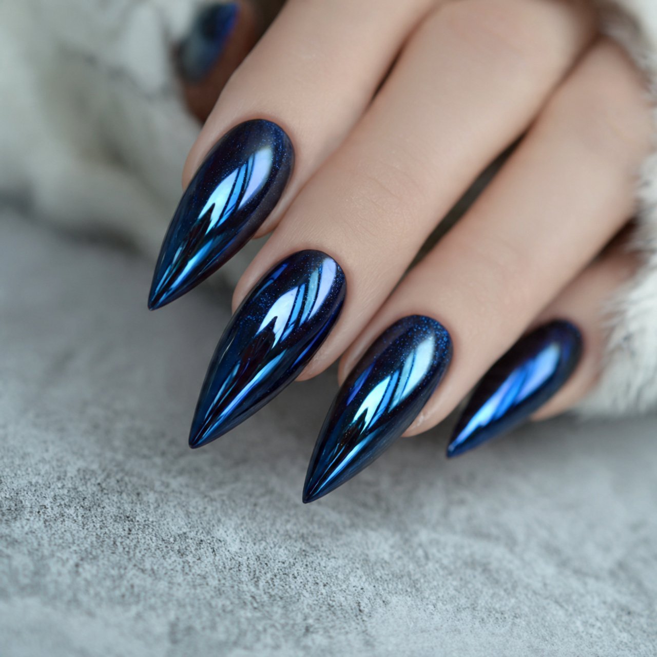 midnight blue chrome stiletto nails