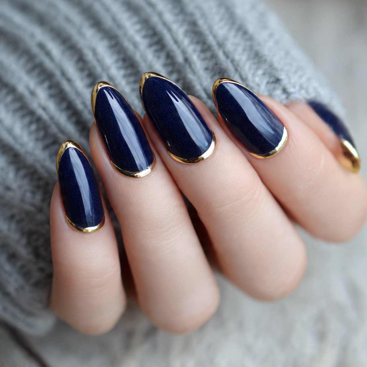 midnight blue velvet nails with gold tips nails