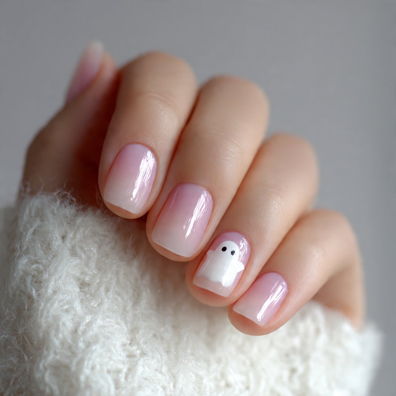 milky nails with one tiny ghost accent nails