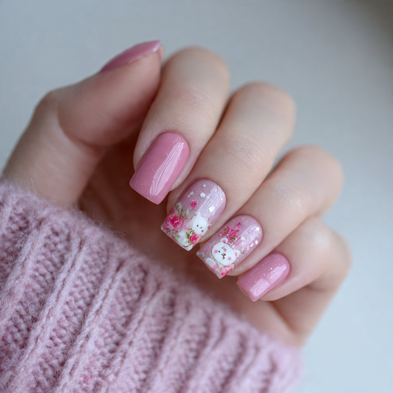 milky pink hello nails
