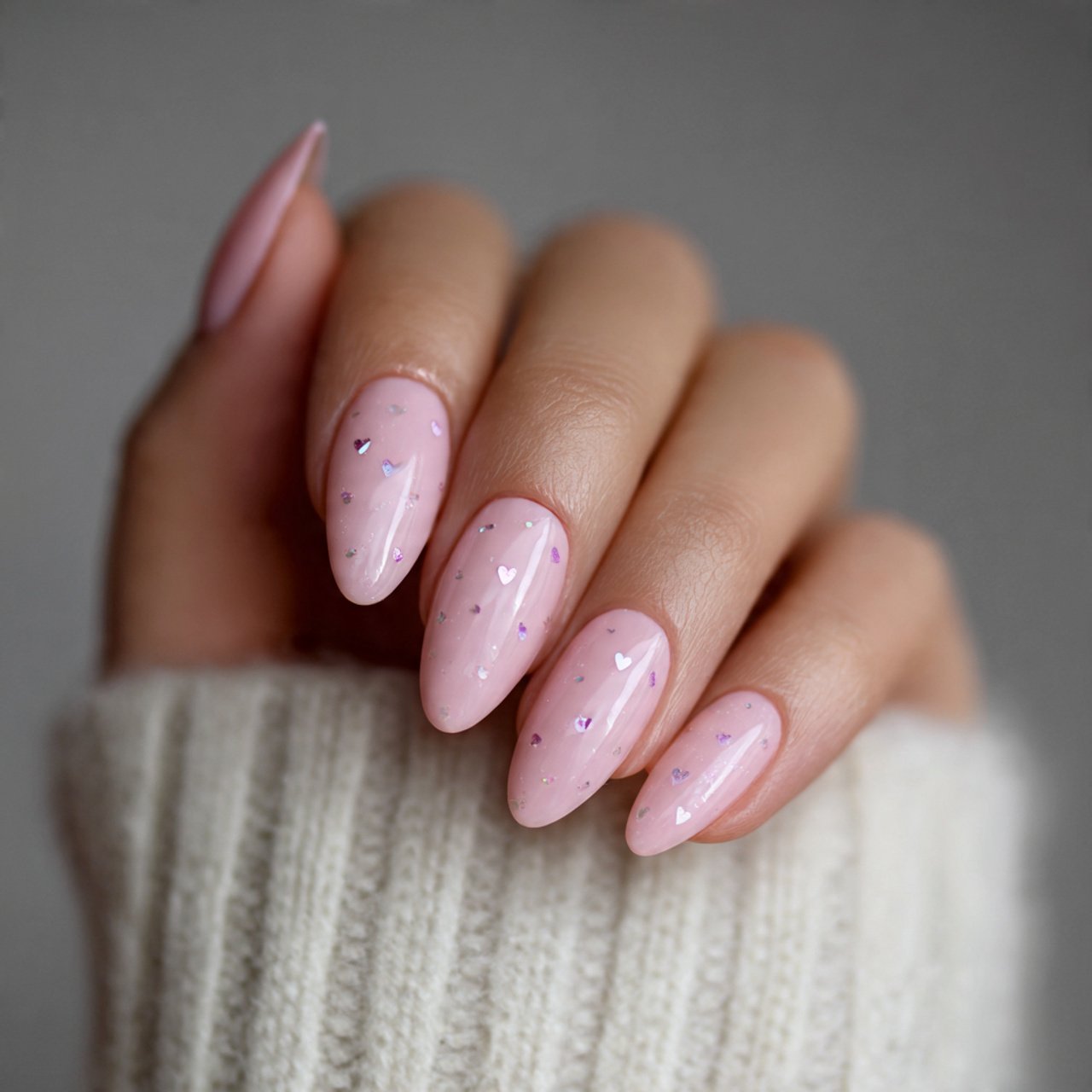 milky pink nails with tiny hearts nails