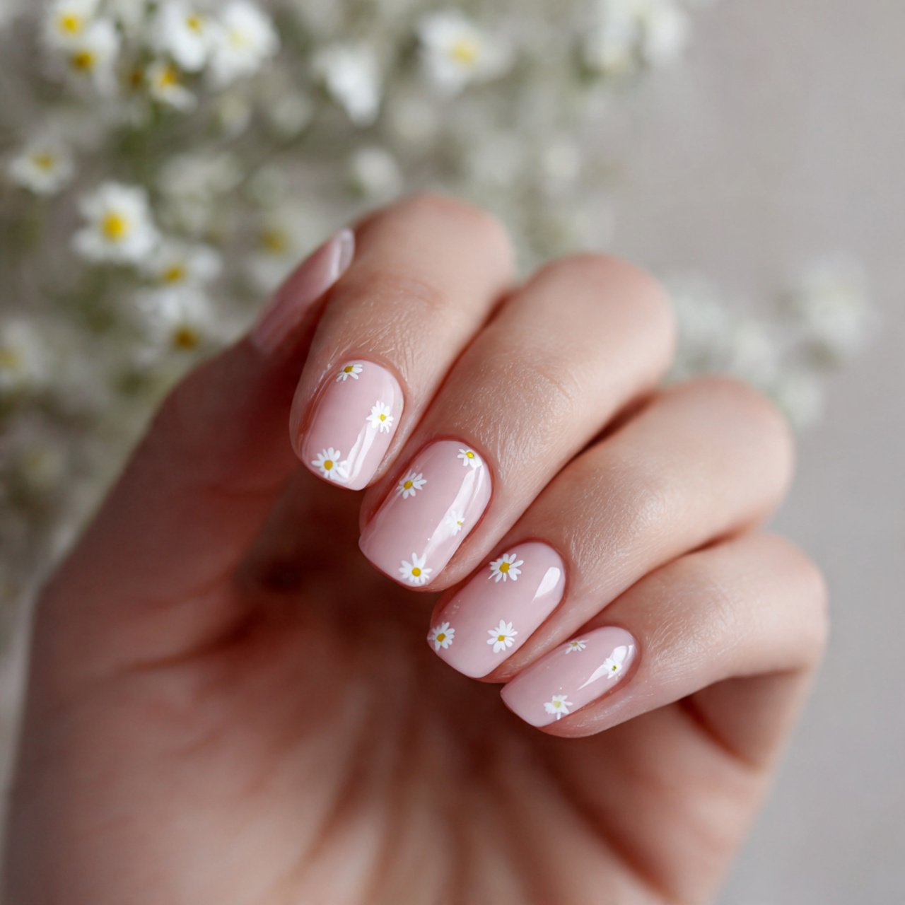 milky pink nails with tiny white daisies nails