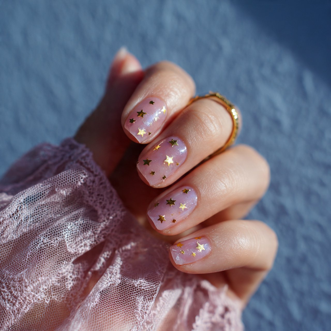 milky white nails with tiny gold stars nails