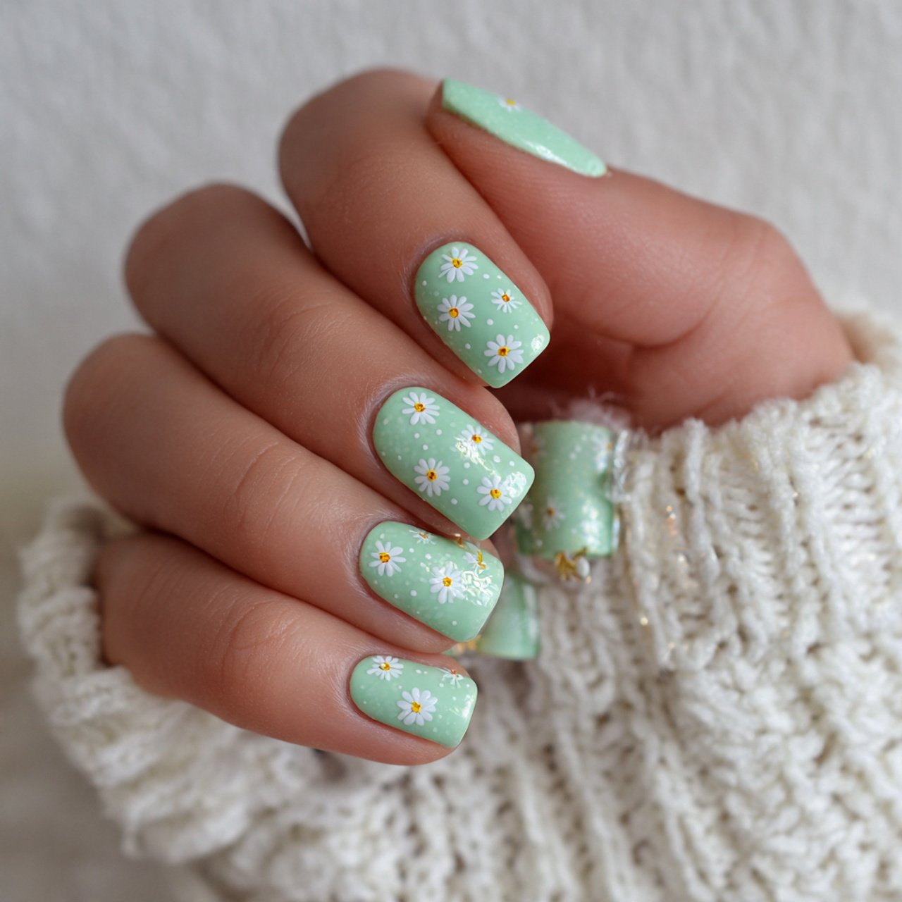 mint green with tiny daisy accents nails