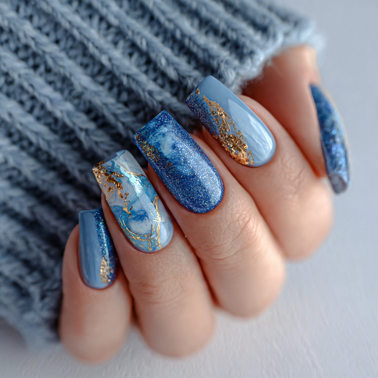 mixed blue manicure set nails