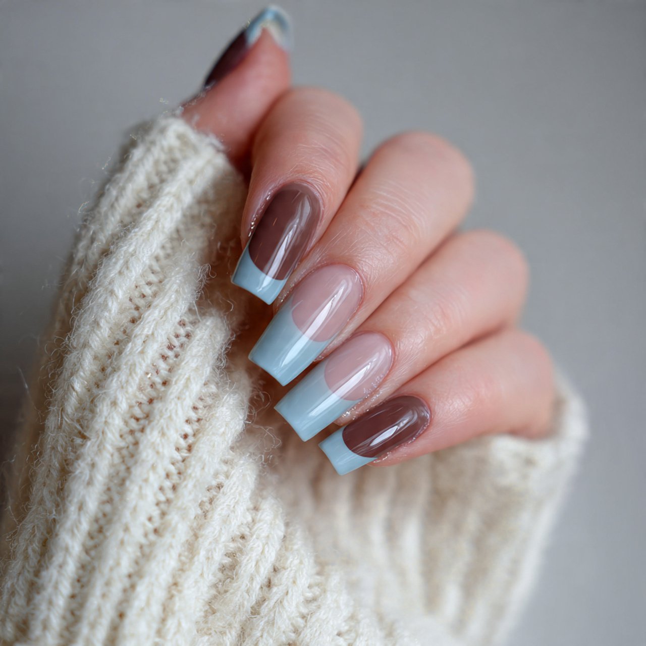 mocha and dusty blue french tips nails