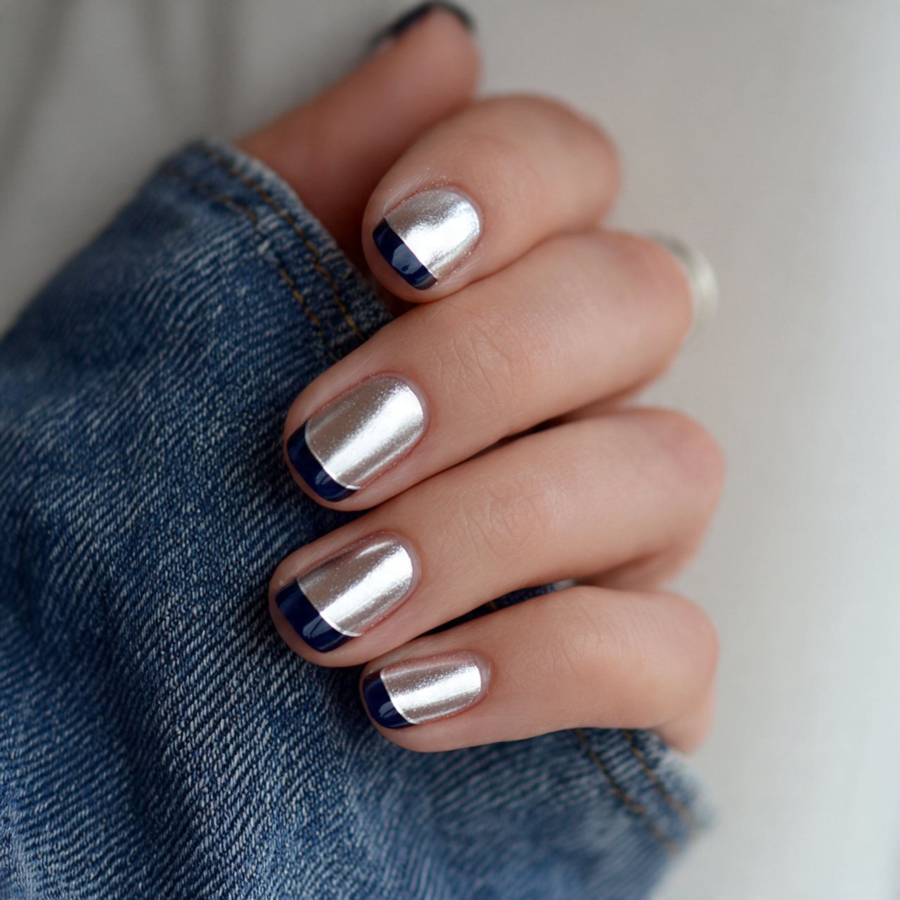 navy and silver french tips nails