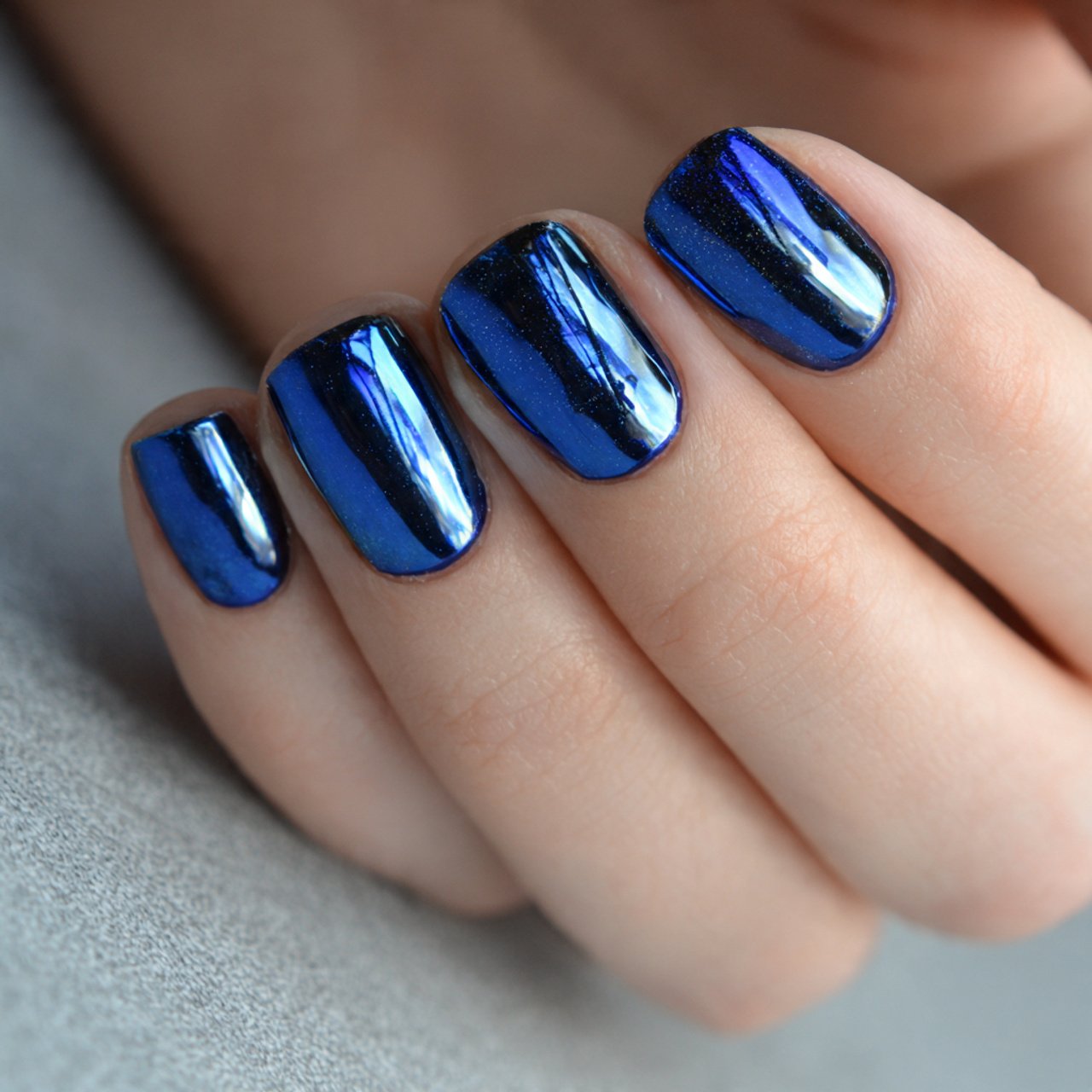 navy blue chrome on short square nails